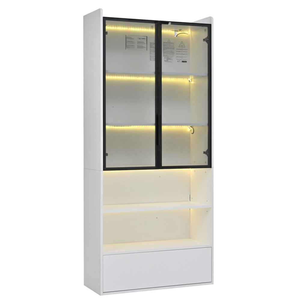 Vetrina alta bianca 80x34x180 cm con porta in vetro, 1 cassetto e illuminazione LED controllabile via app