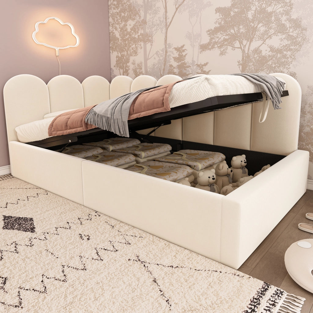 Divano letto singolo 90x200 con contenitore idraulico; letto imbottito in velluto beige