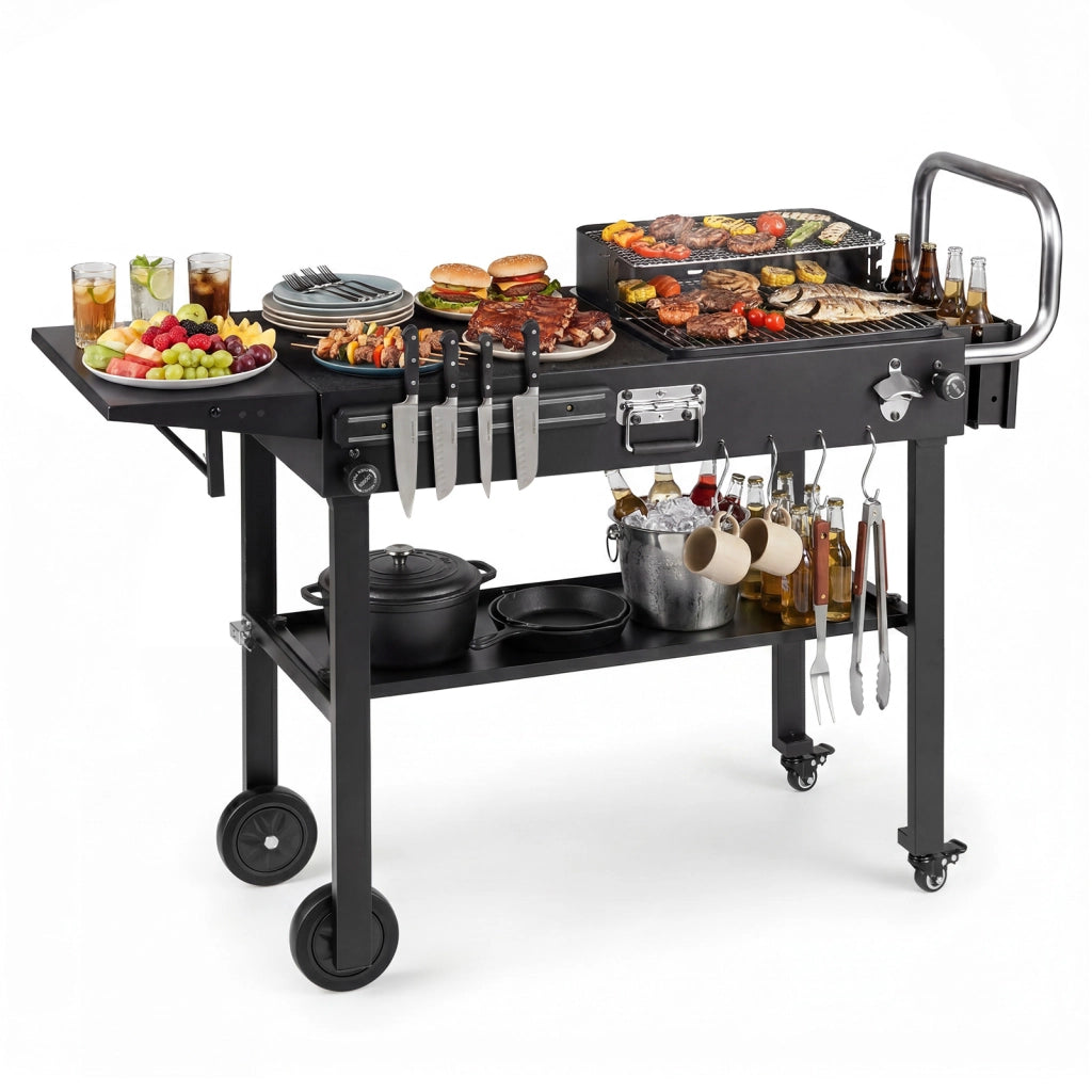 Carrello barbecue pieghevole 4 ruote con portaspezie e magnete, Tavolo da griglia per giardino con apribottiglie e ganci