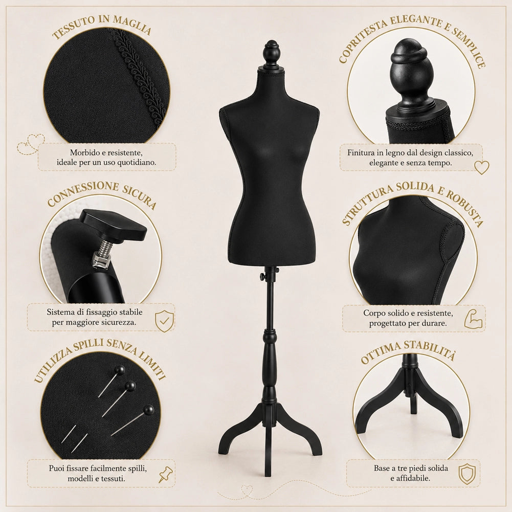 Manichino Sartoriale Femminile con 50 Spilli Modello Total Black Sartoria Donna