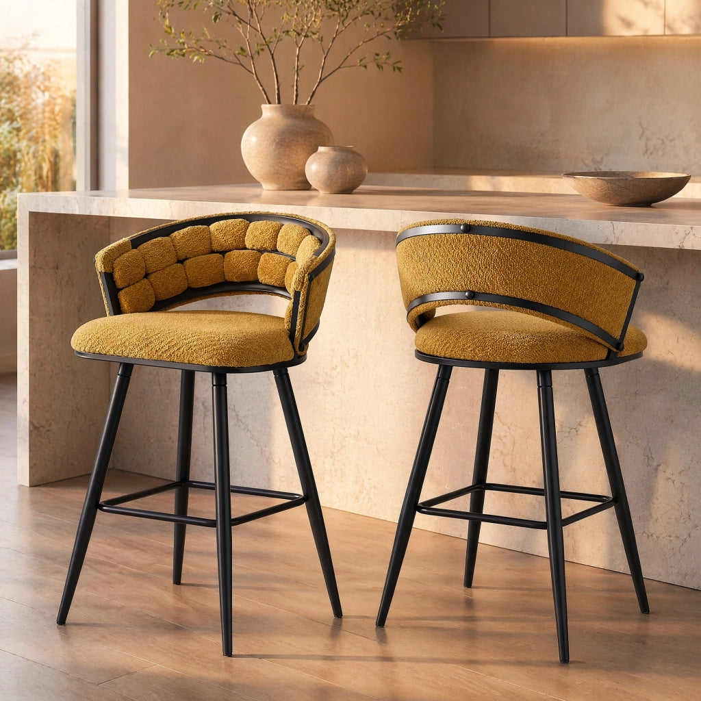Sgabello da bar in velluto giallo con struttura in metallo nero HOMVRA