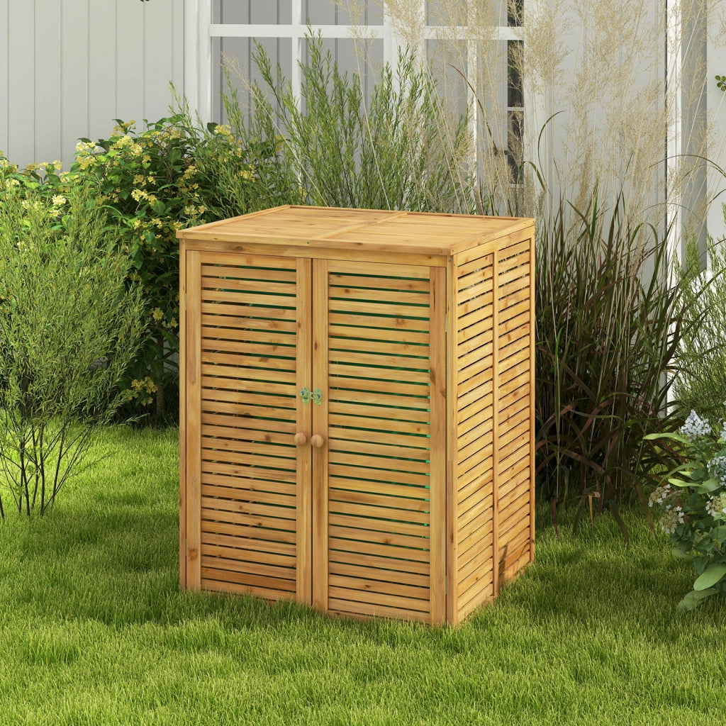 Casetta in legno per bidone della spazzatura da 120L, Riparo esterno per contenitore rifiuti con coperchio apribile Naturale 3 Pezzi
