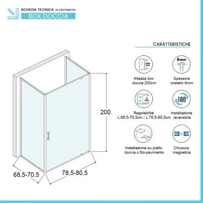 Box doccia 70x80x70 cm con porta a battente serigrafata H 200 cm Ted