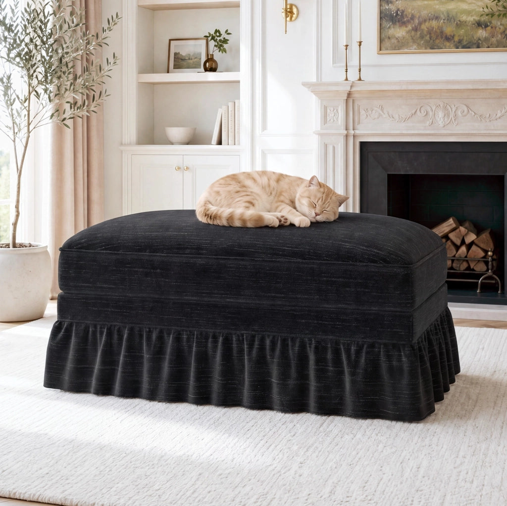 Pouf Windsor in Tessuto Chenille Nero con Design Versatile