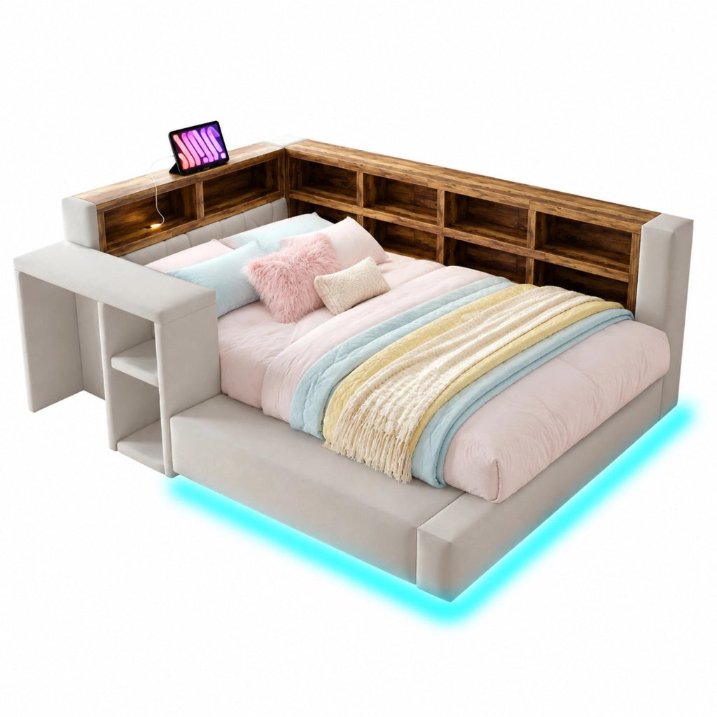 Letto imbottito 90 x 200 cm grigio chiaro con contenitori, LED e presa