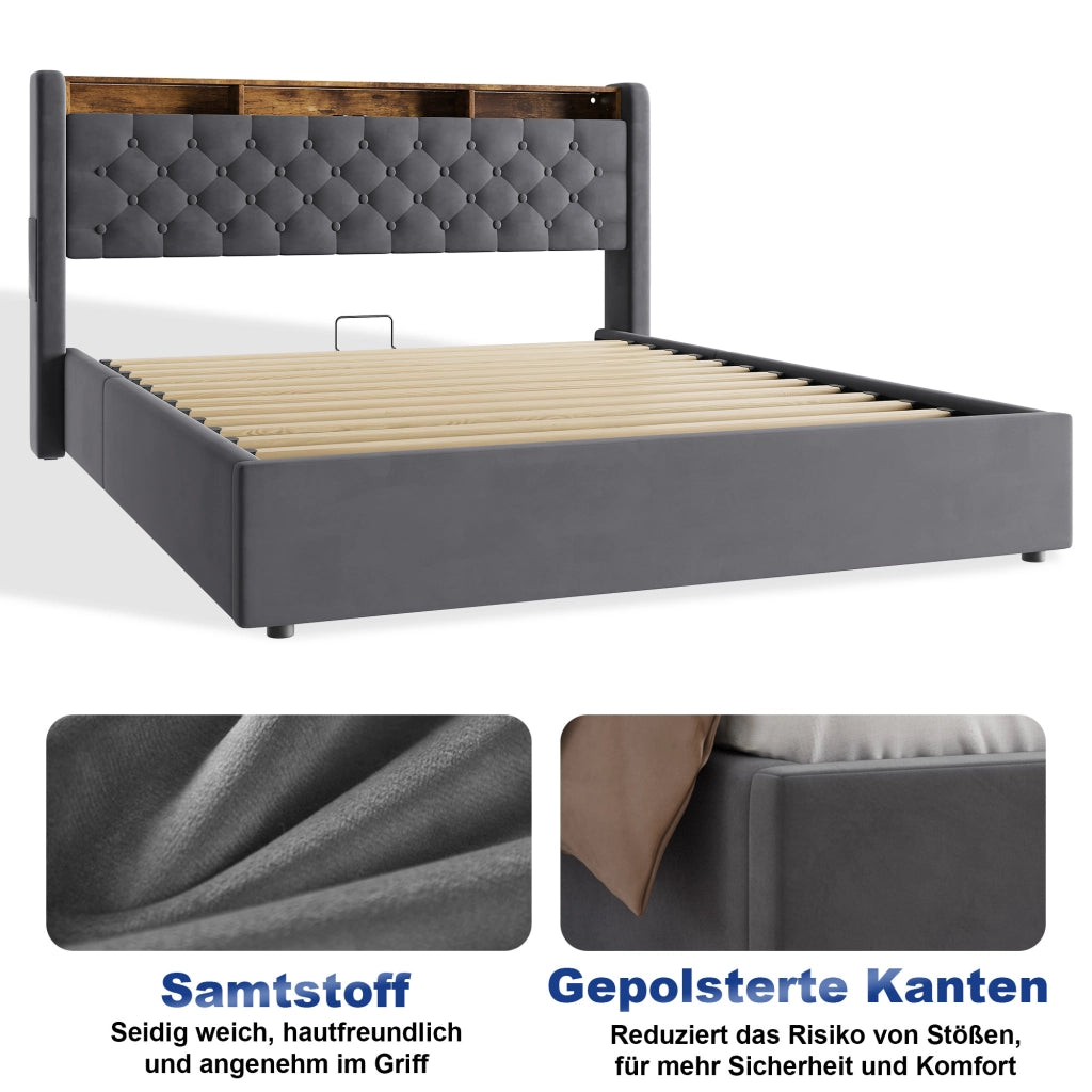 Letto contenitore matrimoniale 160x200cm;LED;vano contenitore;presa elettrica;testiera reclinabile;base imbottita;grigio scuro;materasso escluso