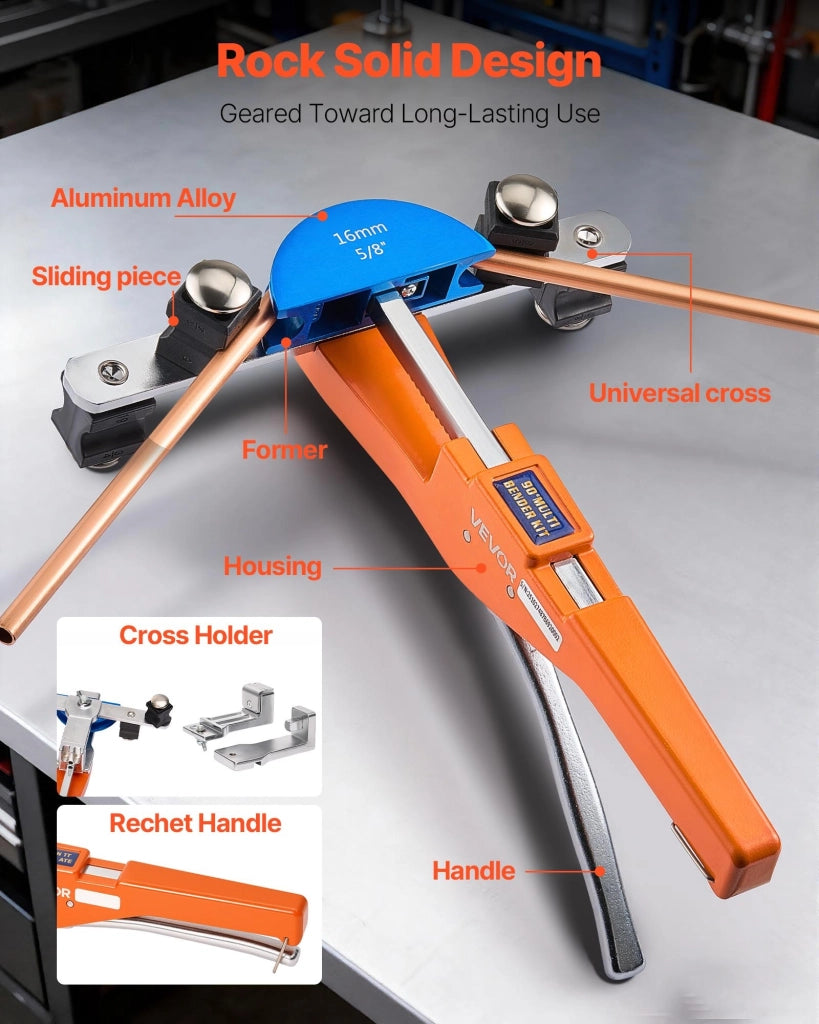 Kit piegatubi manuale a cricchetto con pinza e 7 matrici in lega di alluminio per tubi in rame e alluminio 0-90° avanti/indietro compatto portatile