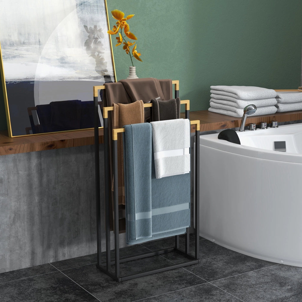 Portasciugamani a Parete Set 3 Barre ¨C Xylo ¨C Bamb¨´ e Metallo Nero 45x22,5x86 cm