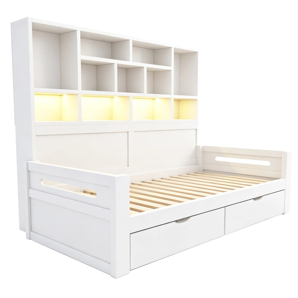 Letto con cassetti 90 × 200 cm con testiera a ripiani LED e prese elettriche in MDF bianco