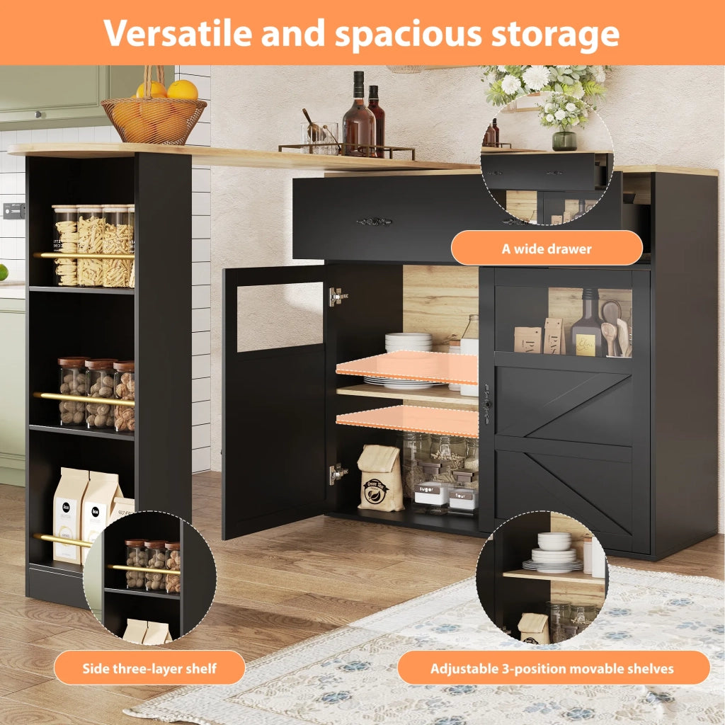 Tavolo bar allungabile nero con ripiano girevole a 360° e contenitore, 138-204x39x104 cm