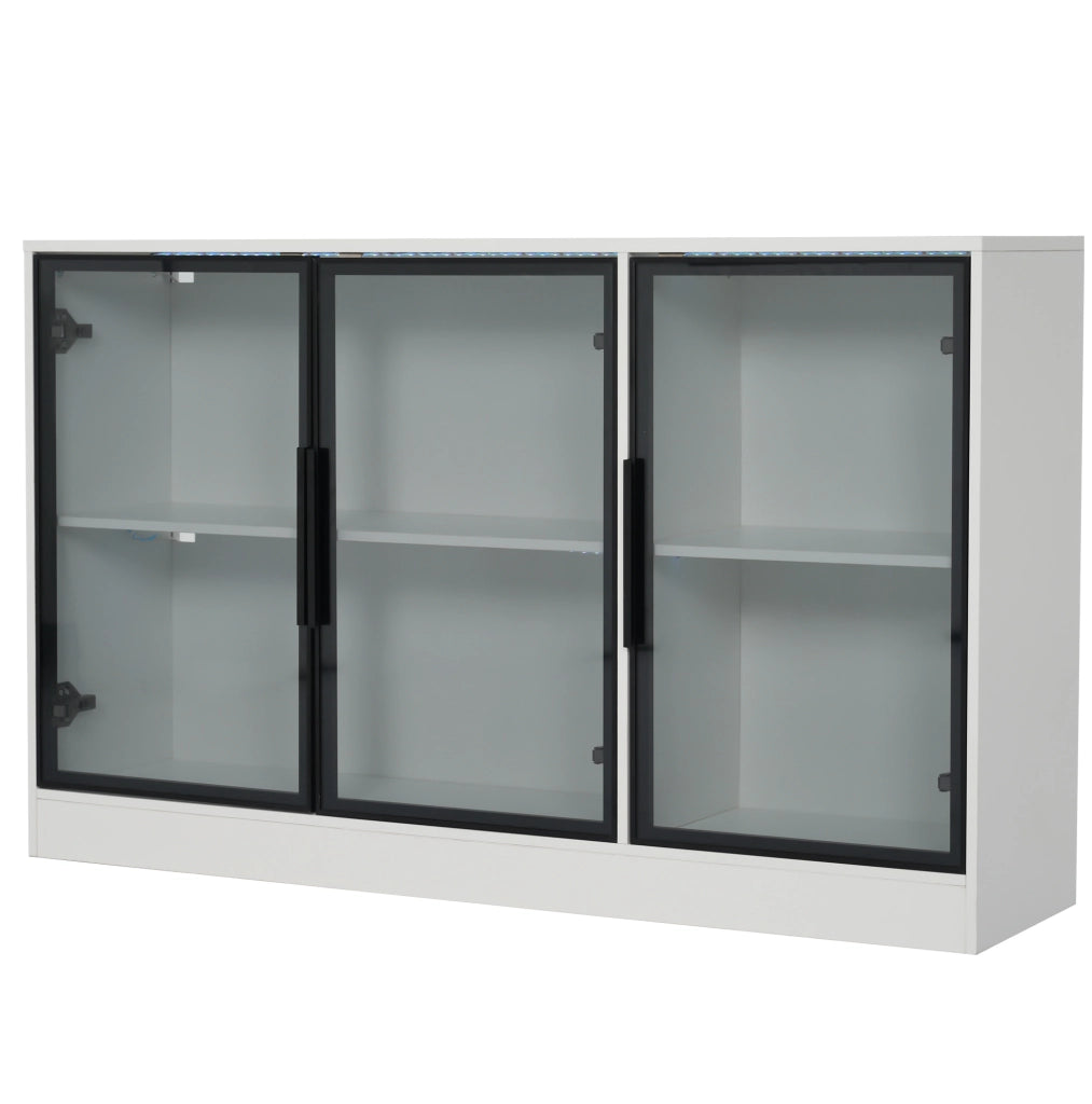 Vetrina ULEVR 120x30x73 cm bianca con vetro grigio, LED multicolore e ante con chiusura ammortizzata