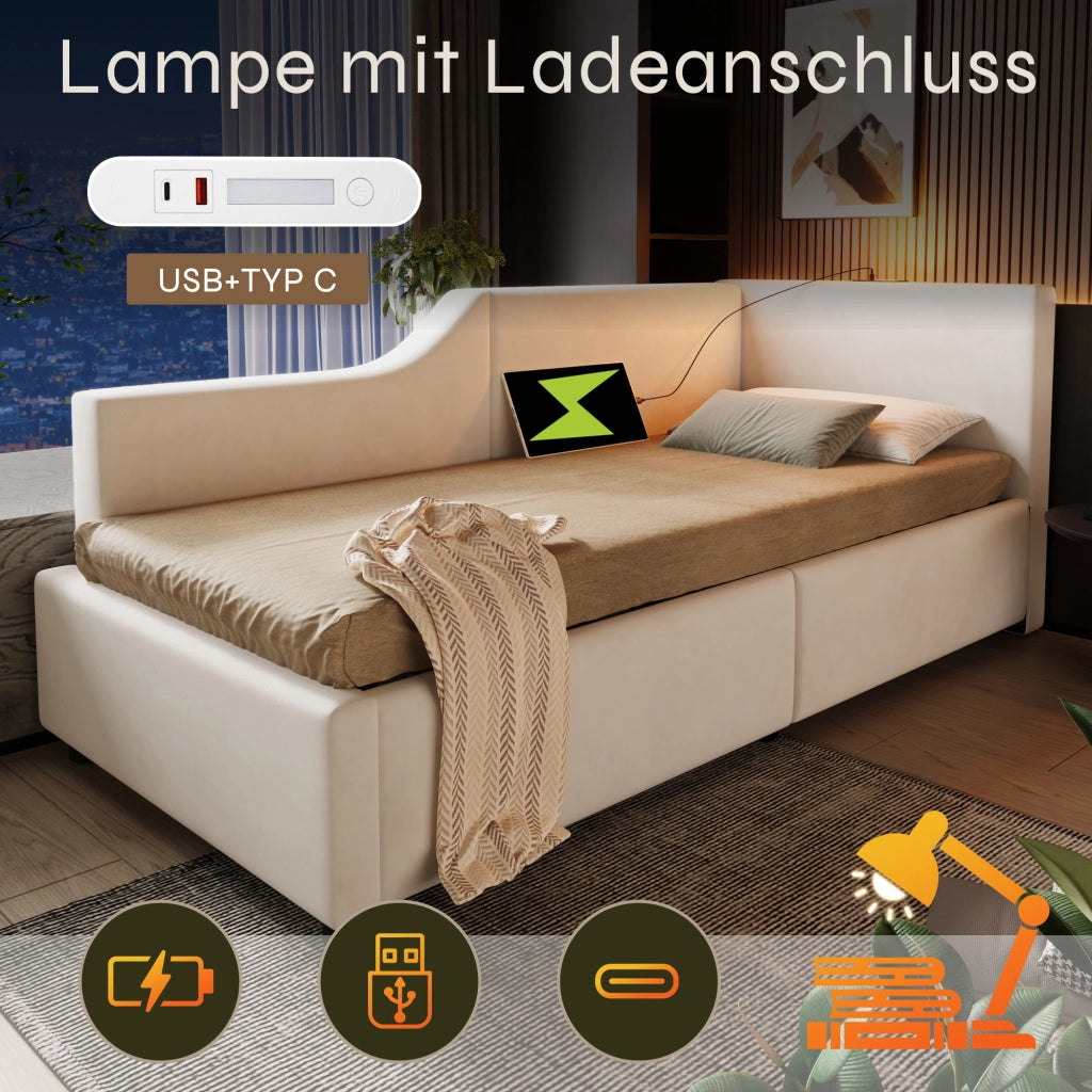 Letto singolo daybed 90 ¡Á 190 cm contenitore in velluto beige con luce da lettura e ricarica USB-C