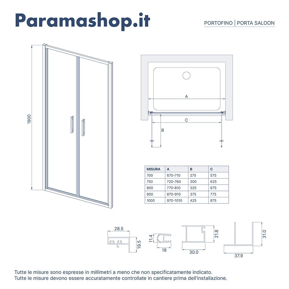Porta doccia 80cm con apertura saloon profili slim oro spazzolato vetro 6mm trasparente anticalcare h190 | Portofino
