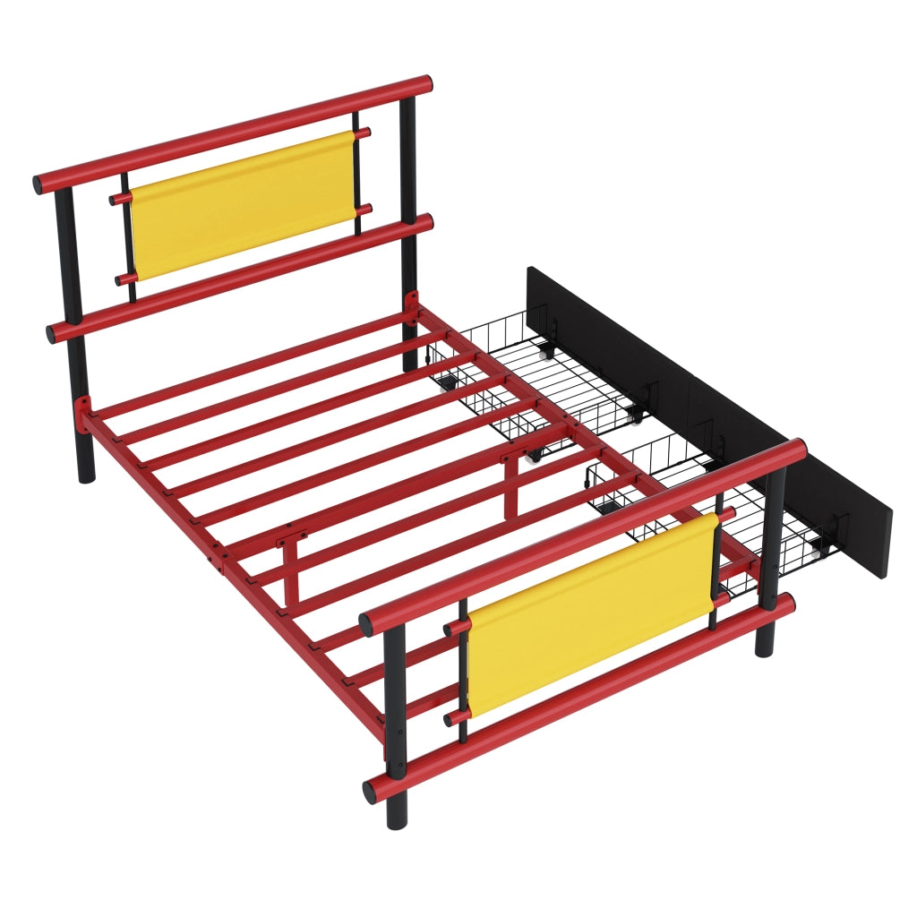 Letto con cassetti 90 × 200 cm con struttura in metallo rosso e rete a doghe a 11 lamelle per cameretta