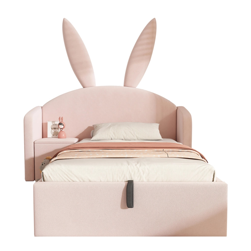 Letto imbottito per bambini 90x200 cm in velluto rosa con contenitore e comodino
