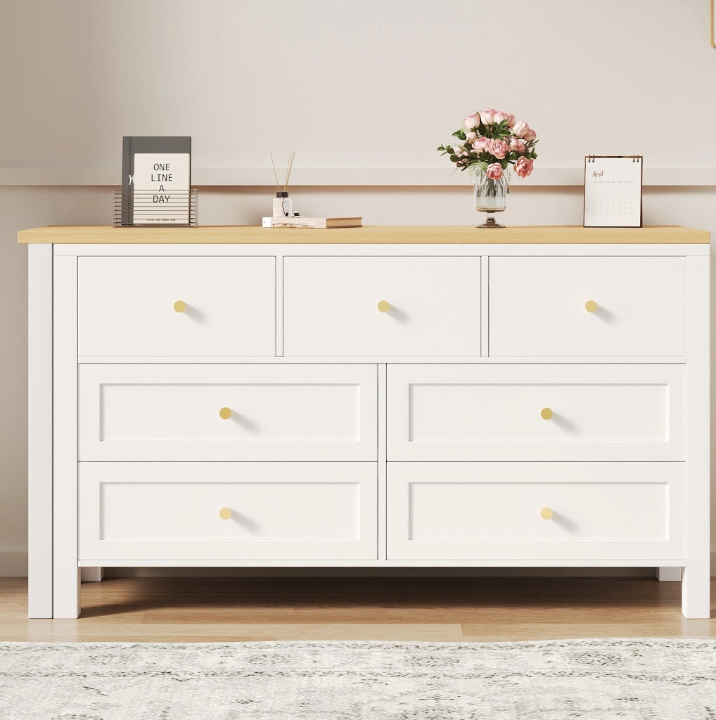 Scrivania 2-in-1 con 7 cassetti e piano girevole a 360°, finitura in effetto rovere, bianco/naturale, scrivania angolare a L