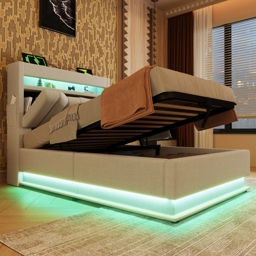 Letto contenitore imbottito 90x200 cm con testiera portaoggetti; LED testiera/pediera; USB; USB-C; idraulico; lino beige
