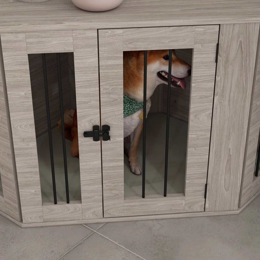 Gabbia per cani in compensato color noce con barre d’acciaio e chiavistello 104 × 55 × 63 cm per cani medi