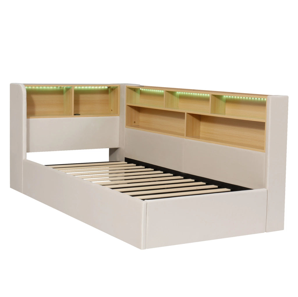 Daybett in velluto beige 90x200 cm con contenitore idraulico, luce LED e porta USB