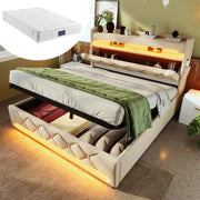 DESMIU Letto Contenitore 140 × 200 cm 2 posti con LED, USB, Type-C e vano idraulico, con materasso, beige