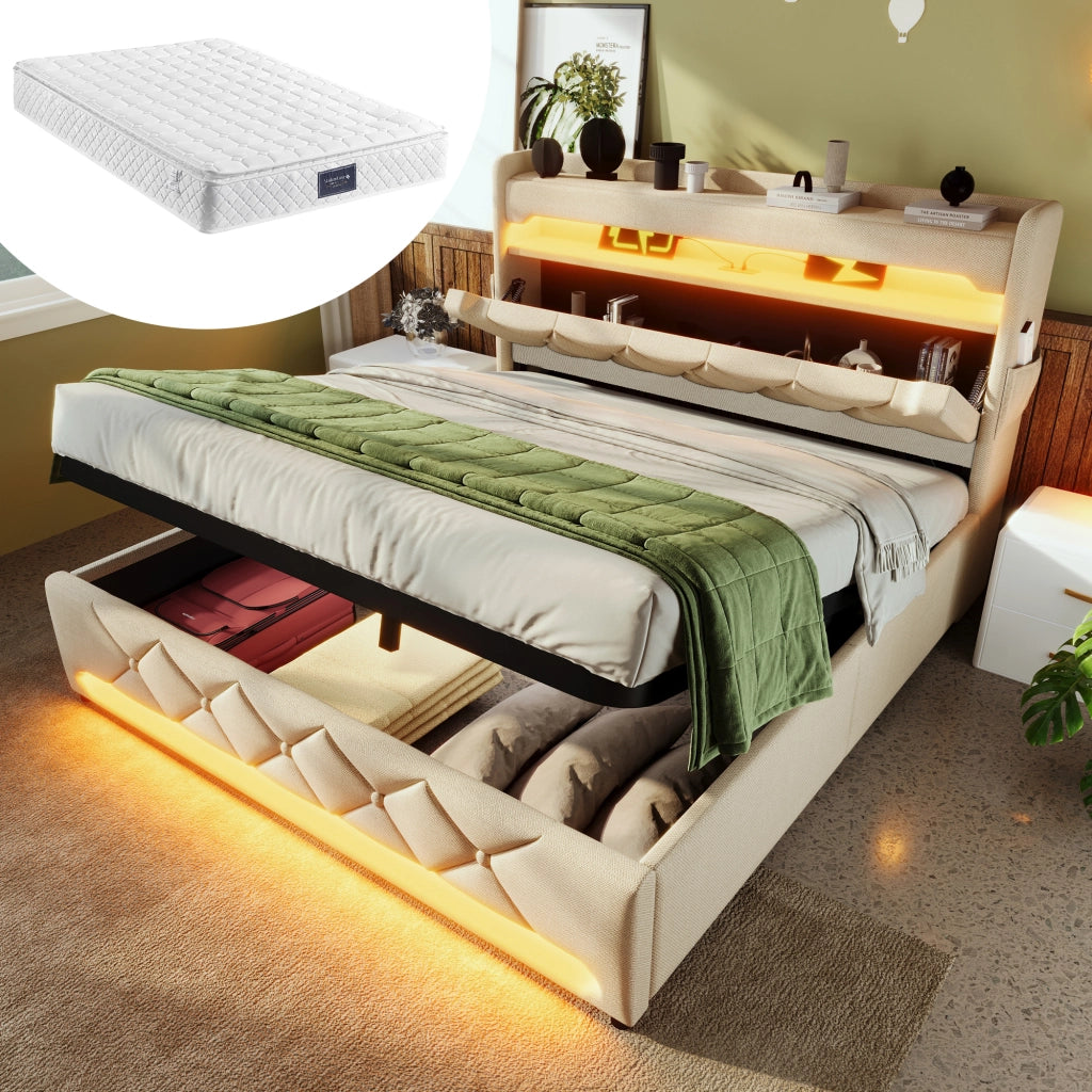 DESMIU Letto Contenitore 140 × 200 cm 2 posti con LED, USB, Type-C e vano idraulico, con materasso, beige