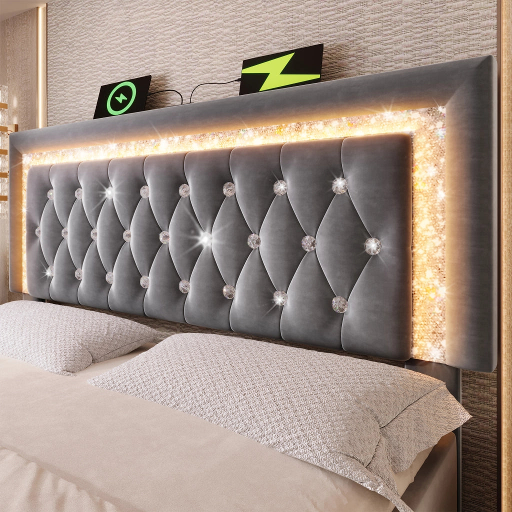 Letto matrimoniale con contenitore 140 × 200 cm imbottito in velluto grigio con LED USB e Type-C