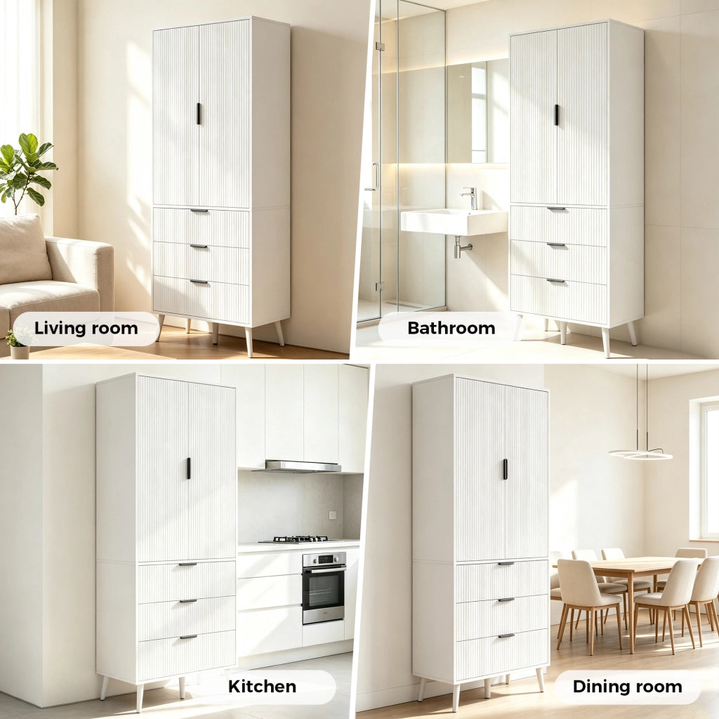 Mobile dispensa con 2 ante; 3 cassetti e ripiani regolabili in MDF bianco per cucina e soggiorno 75 × 35 × 180 cm