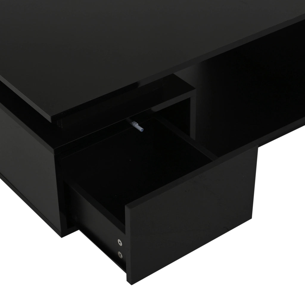 Tavolino da caffè 100x50 cm nero lucido con LED; cassetto e vani laterali HOMVRA