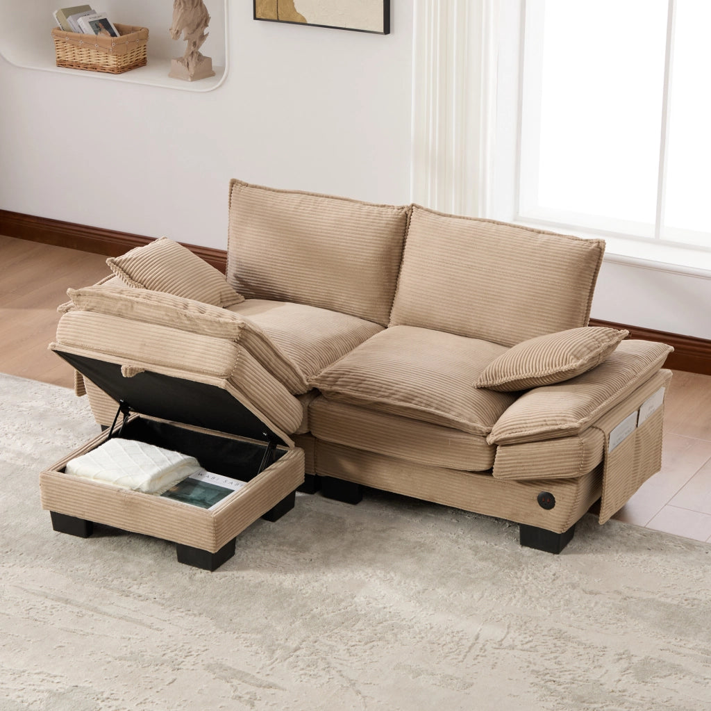 Divano 2 posti con pouf contenitore e USB-C in velluto a coste; kaki