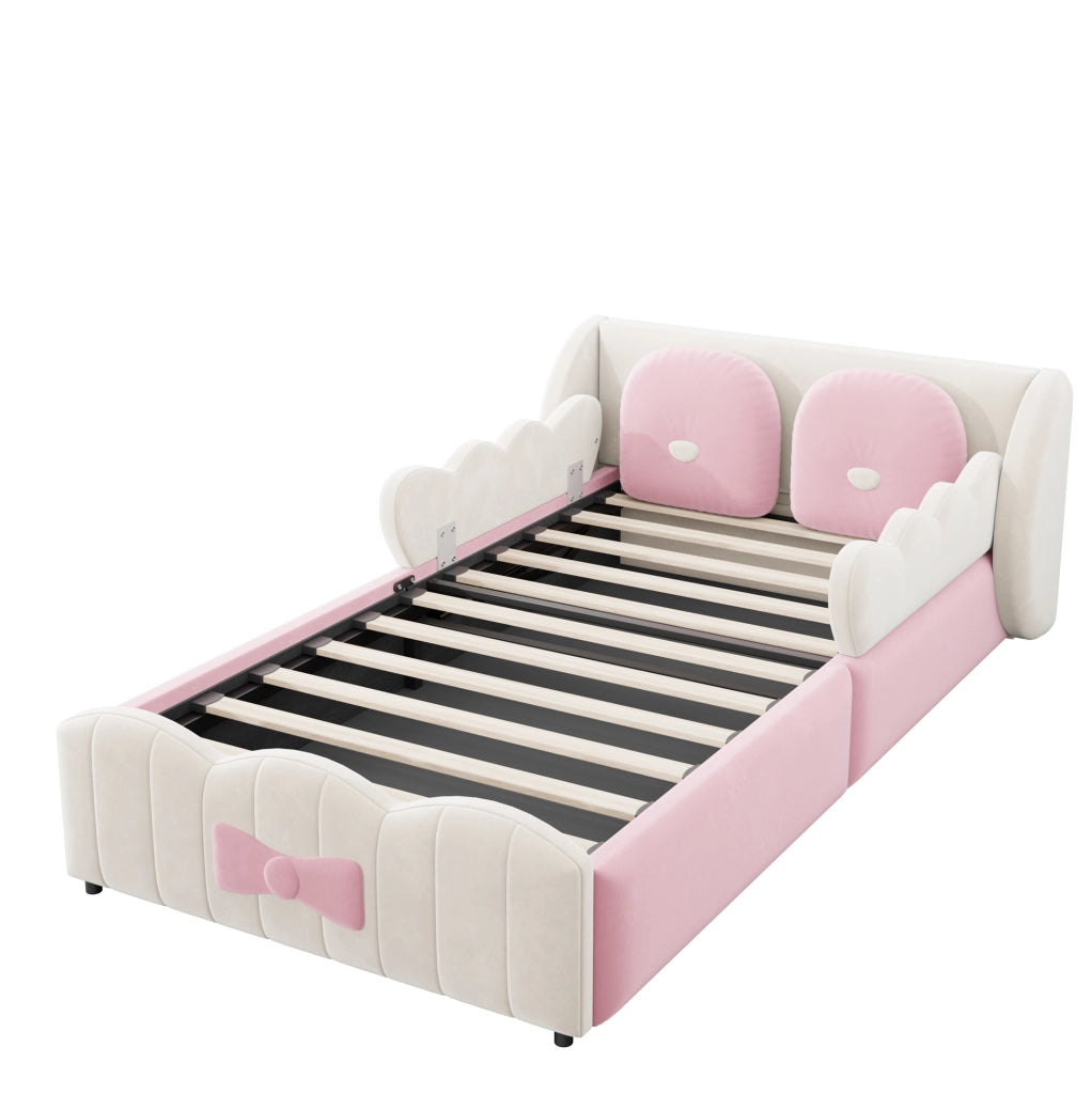 Letto singolo imbottito per bambini 90x200 cm in velluto con contenitore idraulico e due cuscini decorativi beige/rosa