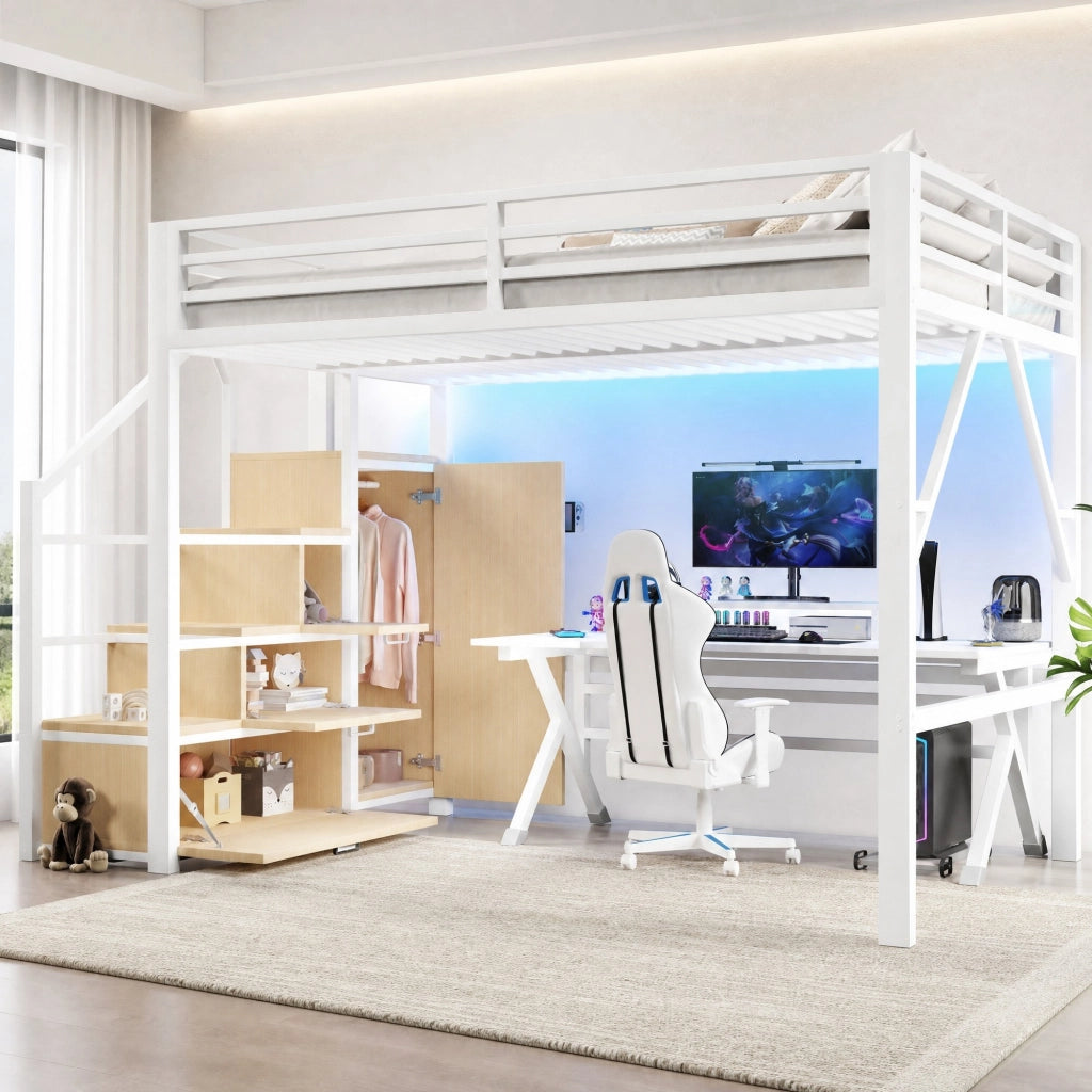 Letto a soppalco 140 × 200 cm in metallo e MDF bianco con armadio ripiani scala contenitore e luci LED