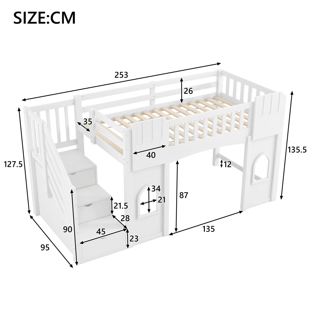 Letto a soppalco 90 x 200 cm con scala contenitore e 2 finestre, letto per bambini in legno bianco con sponde di sicurezza, area gioco e rete a doghe