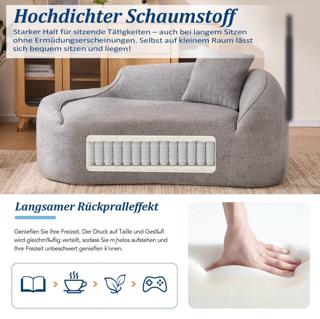 Divano chaise longue 2 posti con funzione letto e rivestimento in ciniglia; grigio