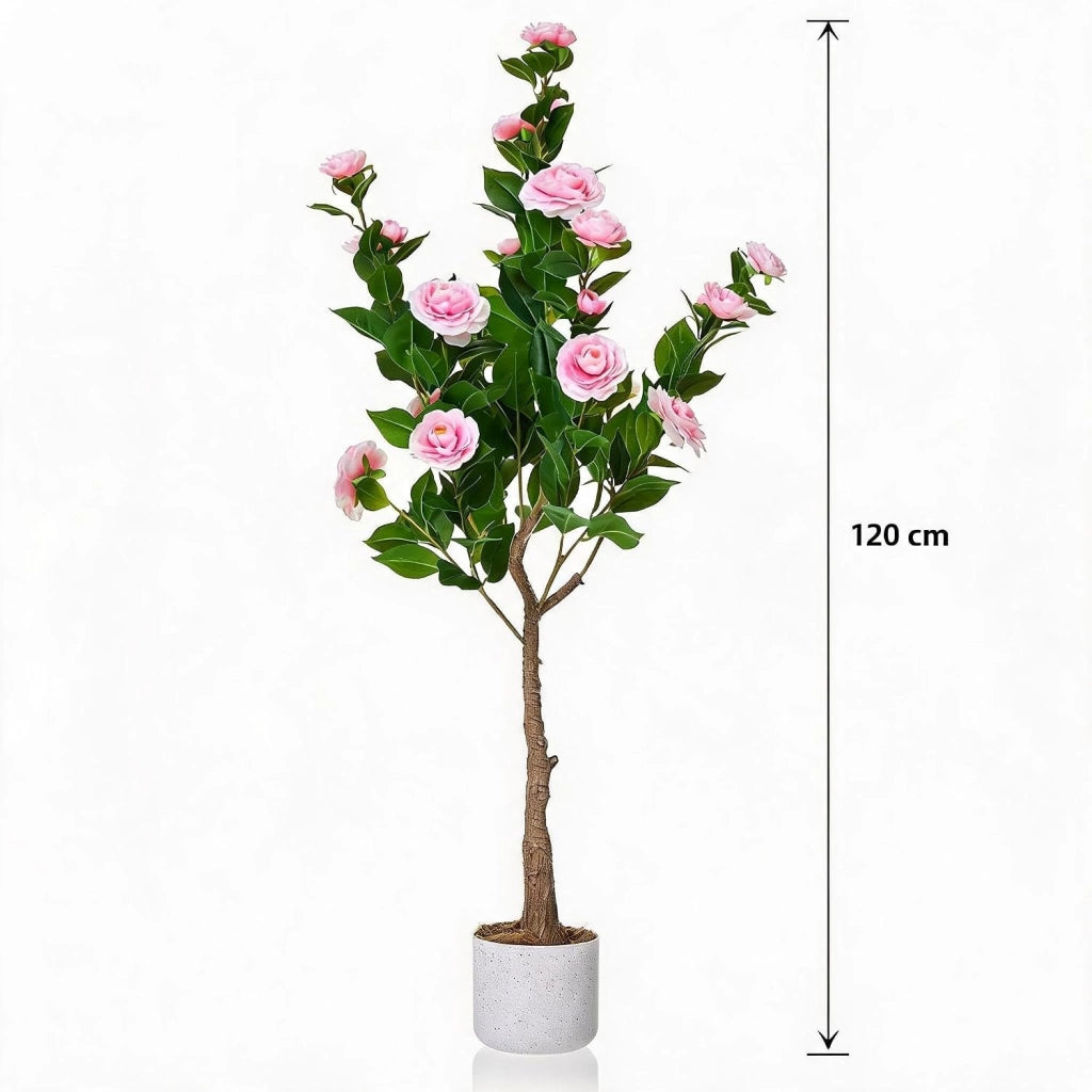 Camelia Artificiale 120 cm con Fiori Rosa in Poliestere e Tronco Realistico