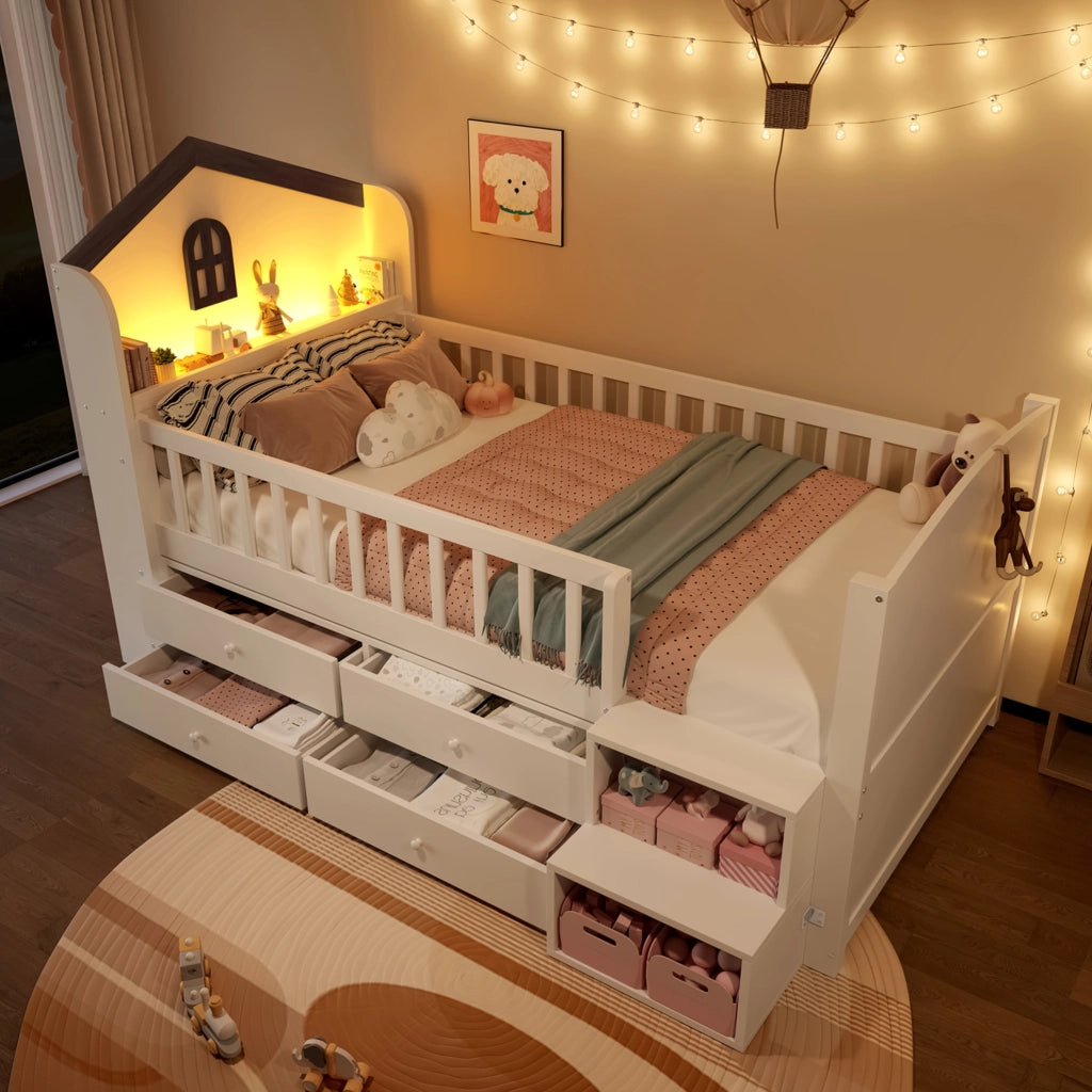 Letto a soppalco per bambini 90x200 cm, con forma casetta, 4 cassetti, LED integrato, scala con ripiani, bianco, senza materasso