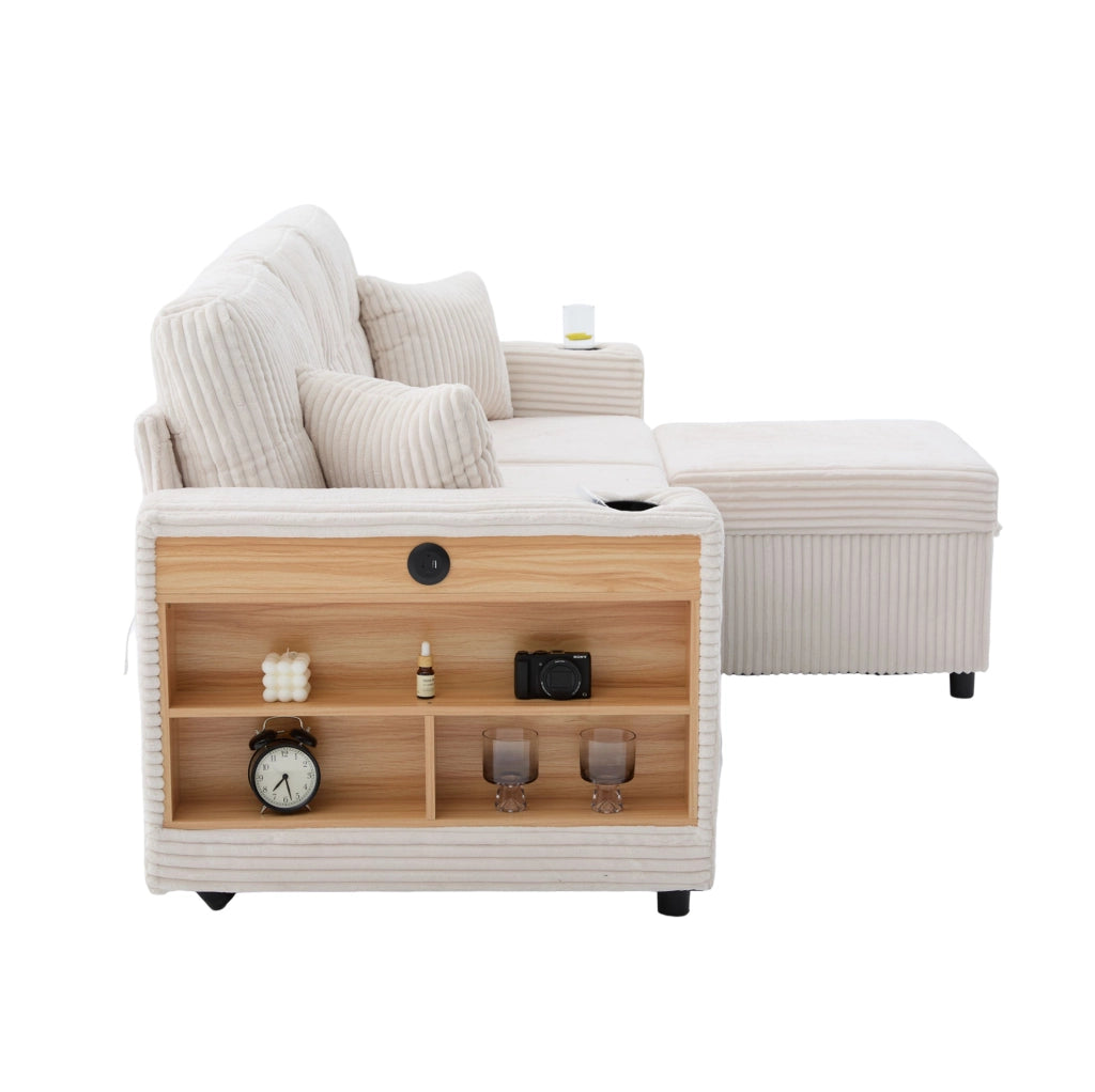 Divano letto 196x82x85 cm in velluto a coste beige con contenitore