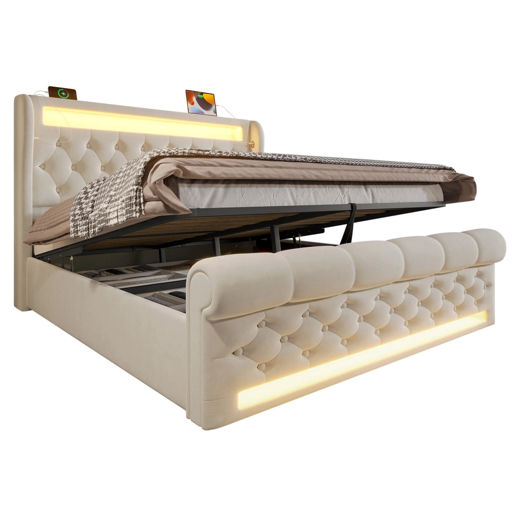 Letto imbottito 140x190 cm con contenitore idraulico, LED e USB-C, velluto beige