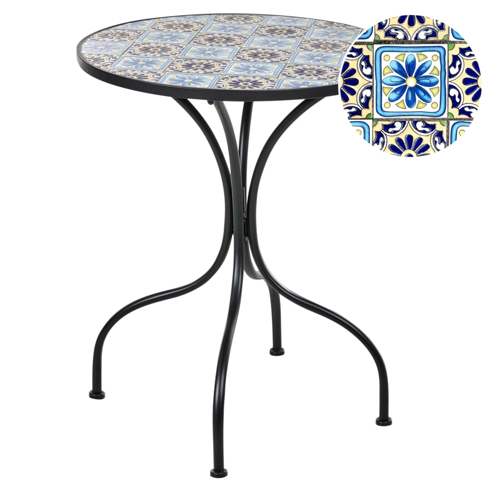 Tavolo da bistrot da giardino in metallo nero con struttura in ferro ø 60 cm e piano a mosaico stile vintage da esterno