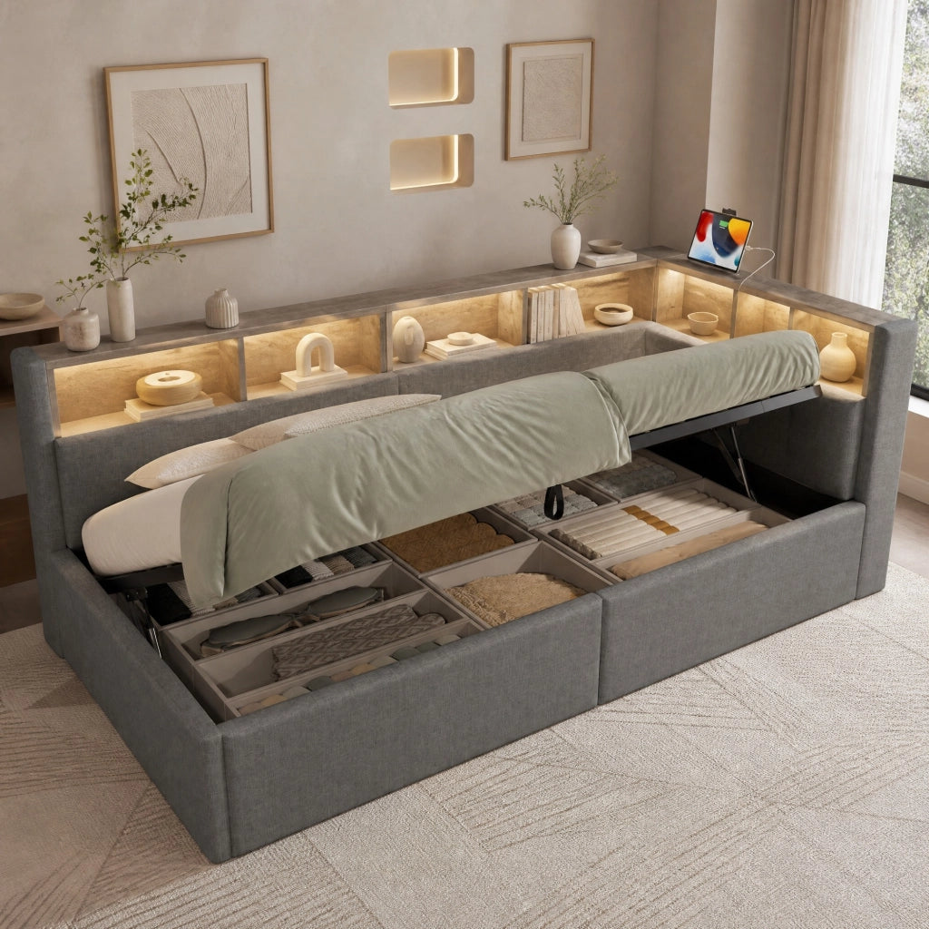 Letto da giorno 90x200 cm con contenitore idraulico; LED multicolore; USB e Type-C; lino grigio