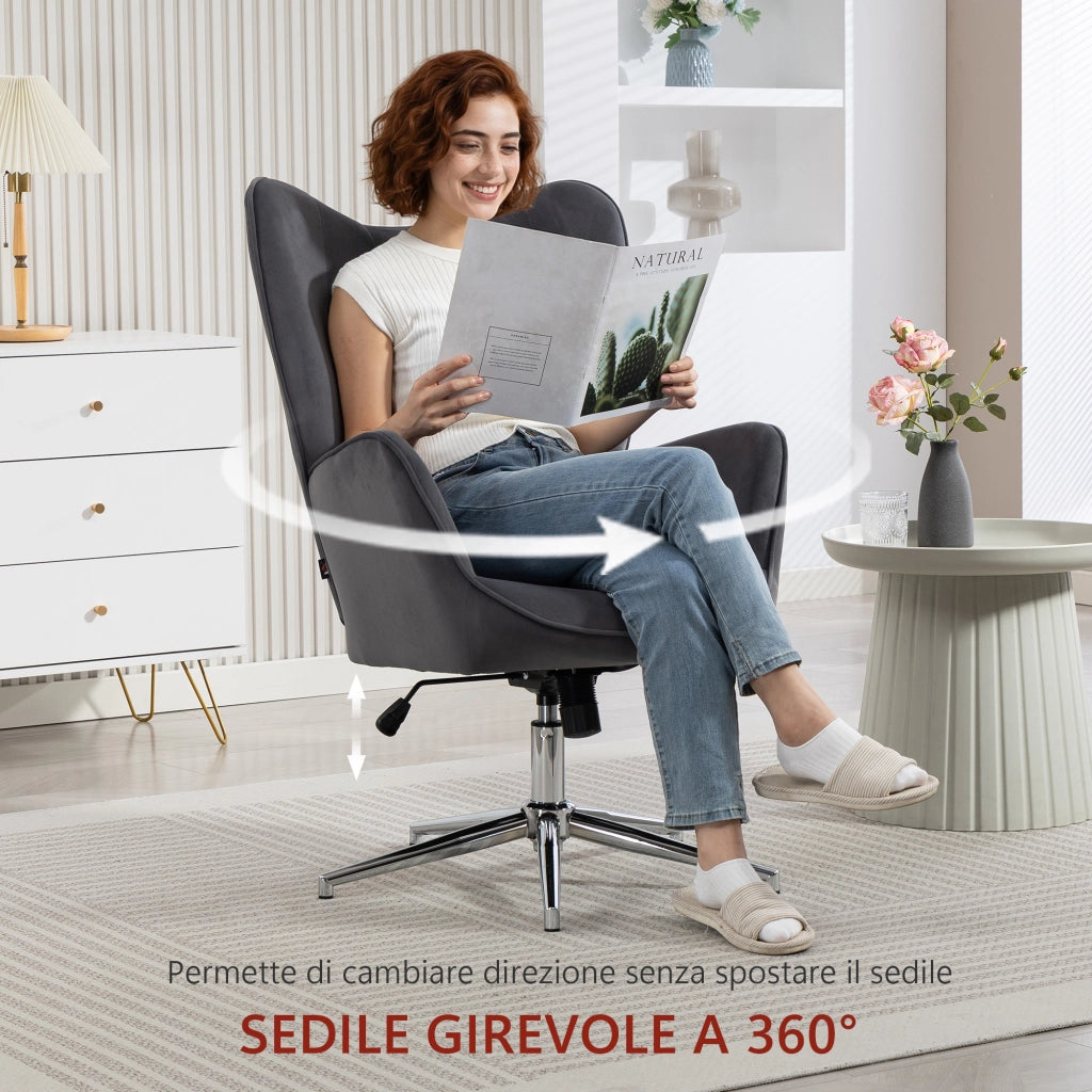 Poltrona Girevole con Dondolo ¨C Xylo ¨C Velluto Grigio Scuro, Braccioli, Altezza Regolabile