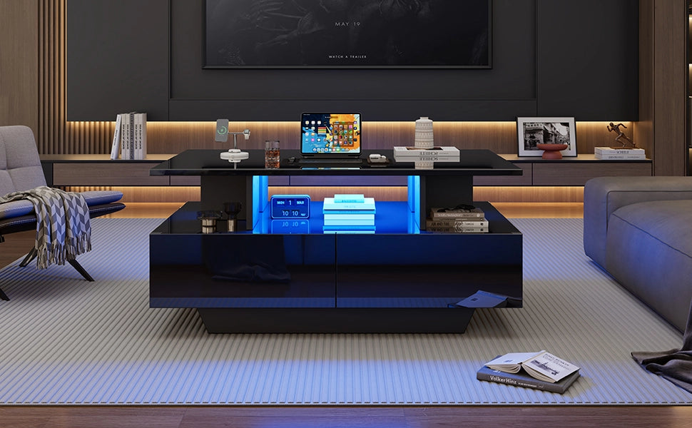 Tavolino moderno lucido 90x55x41 cm con illuminazione LED e 2 cassetti, portata 30 kg