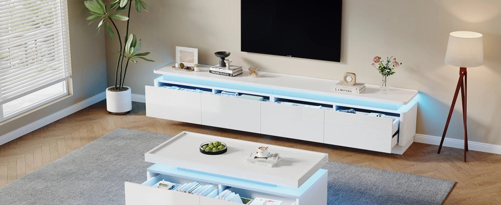 Mobile TV; con LED; 4 cassetti; finitura lucida; bianco