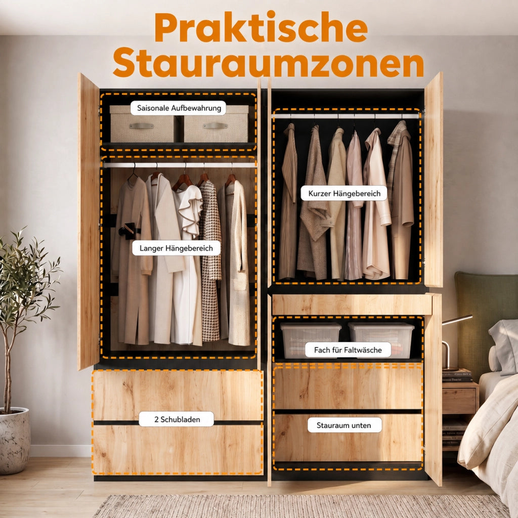 Armadio 6 ante con 5 cassetti e 2 barre appendiabiti mobile contenitore per camera da letto in MDF e pannello truciolare rovere