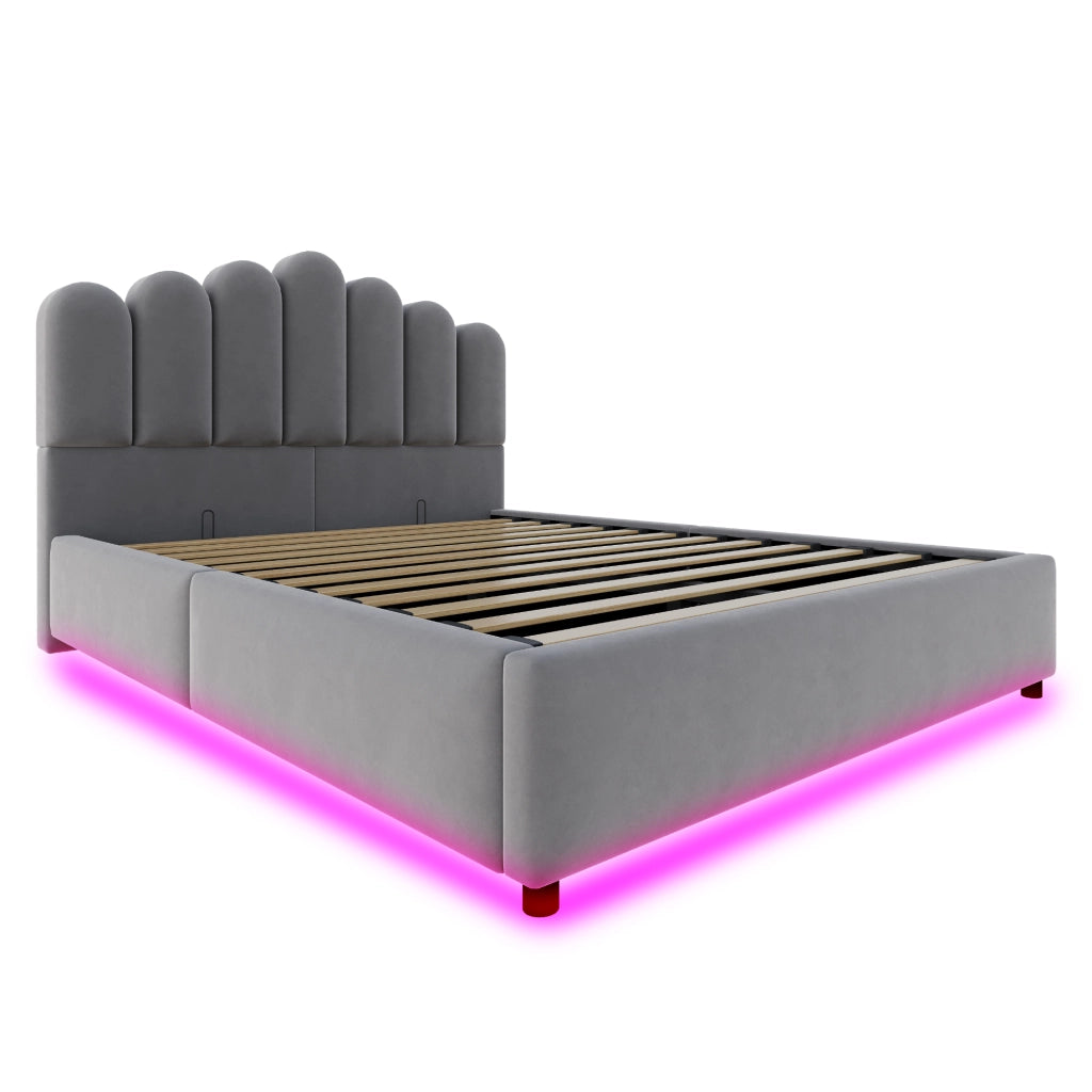 Letto Contenitore 140x200 cm Imbottito in Velluto Grigio con Testiera Morbida e Illuminazione LED