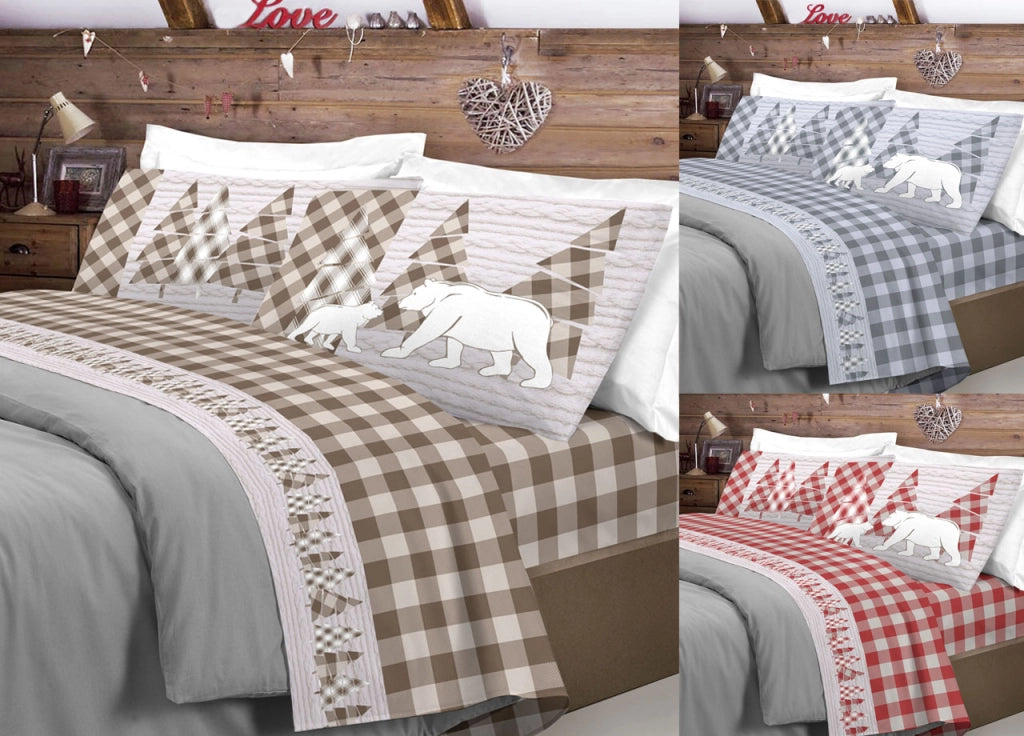 Completo Lenzuola Flanella Pensieri Delicati 100% Cotone Disegno Canada - Matrimoniale - Rosso