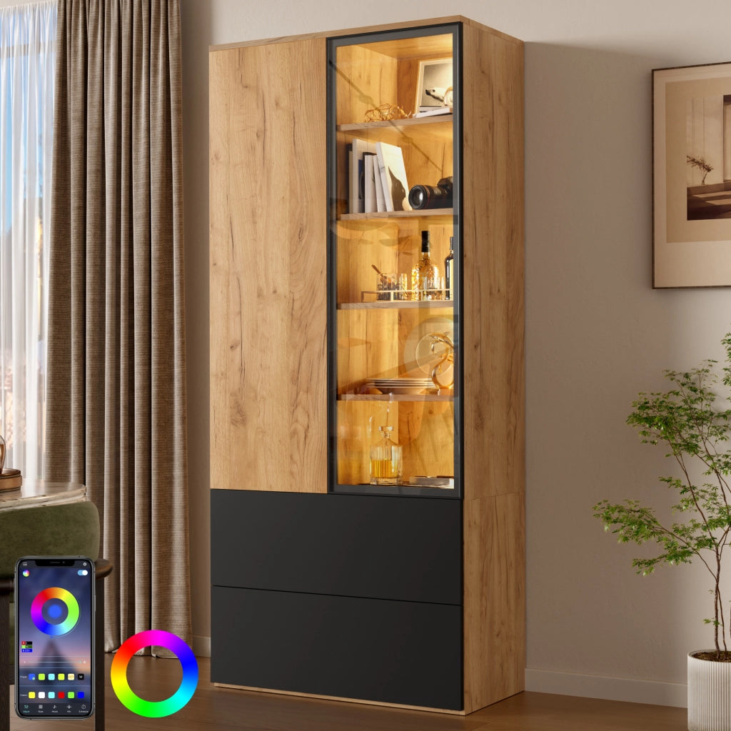 Desviae Vetrina con LED 2 ante 2 cassetti 6 ripiani regolabili in truciolare e vetro nero naturale 70 × 35 × 160 cm