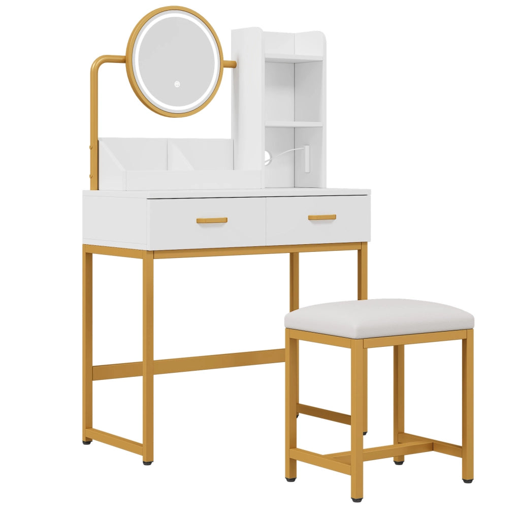 Toeletta 80x40x138,5 cm in truciolare con specchio LED, USB e sgabello bianco e oro