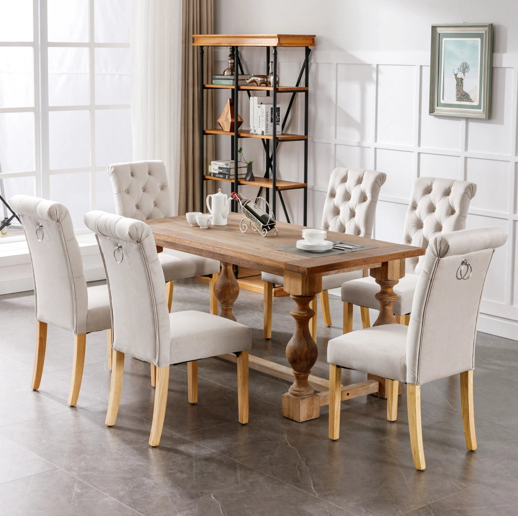 Set di 6 sedie da pranzo in velluto beige con gambe in legno massello di quercia