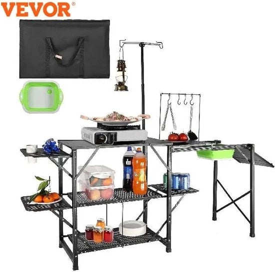 Tavolo da campeggio pieghevole con lavandino - Dimensioni 174x50x160cm - Incluso sacchetto di stoccaggio - Nero