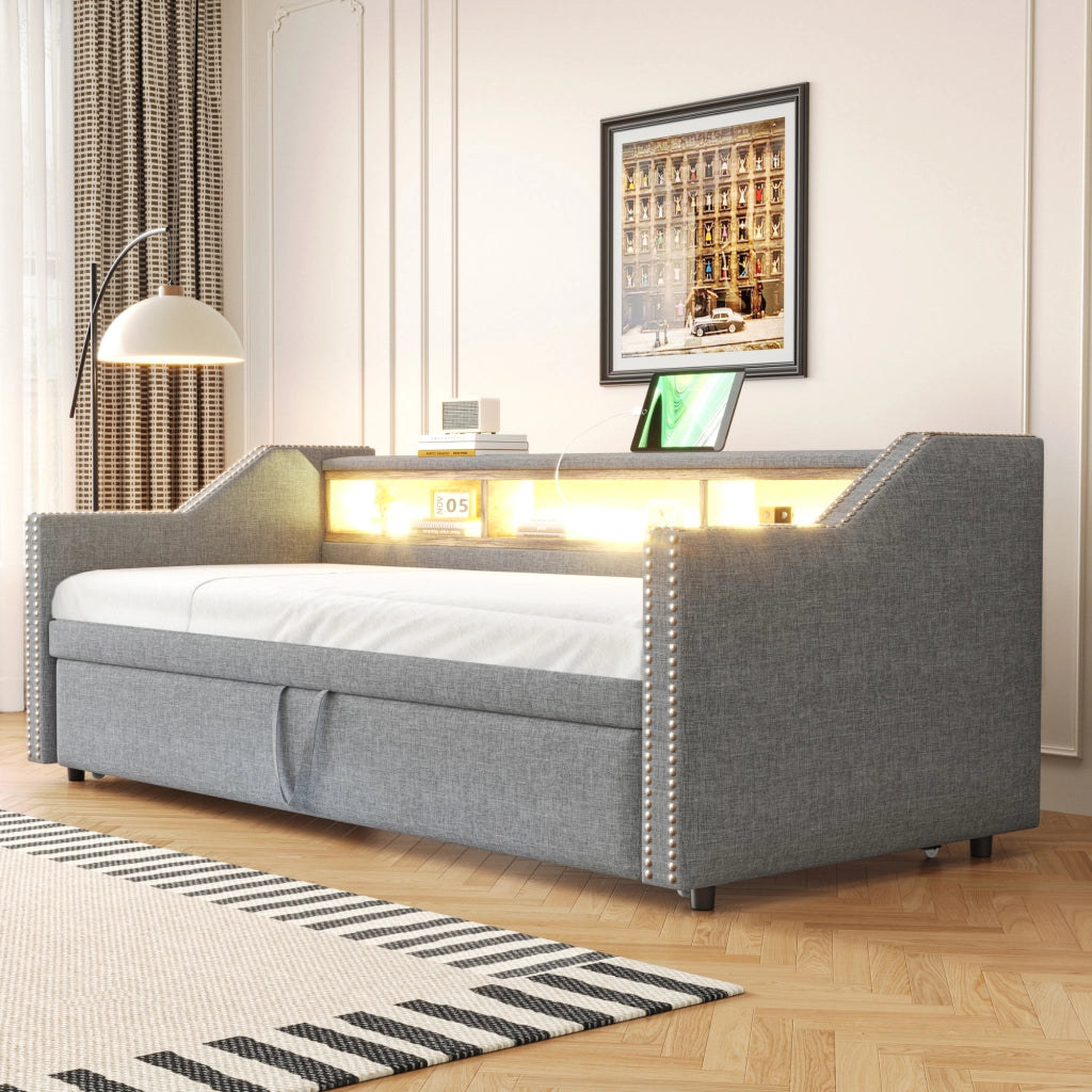 Divano letto imbottito estraibile 90 × 190 cm con rete a doghe LED USB grigio chiaro